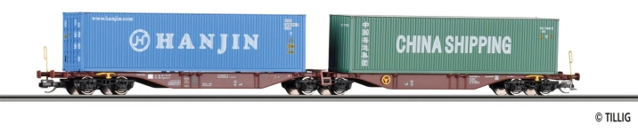 Tillig 18072 - TT - Containertragwagen Sggmrss mit zwei 40‘-Containern, SNCB, Ep. V